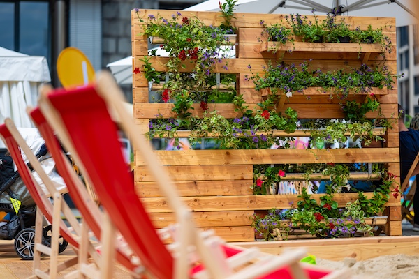 Rote Sonnenstühle auf dem Burgplatzsommer 2025